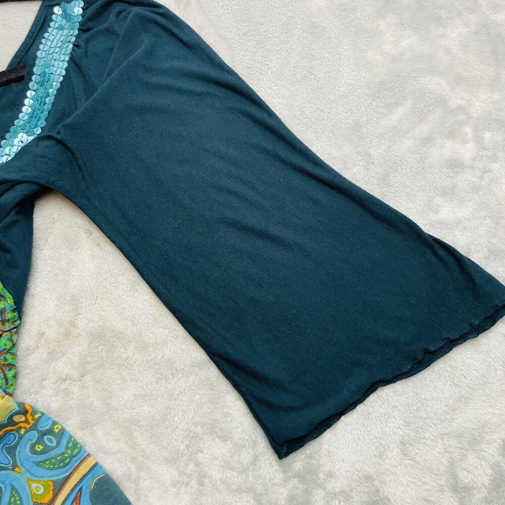 Casual Living Sequined Boho Top Womens L Blue Green Gold 3/4 Sleeve Scoop‎ Neck - Picture 6 of 8